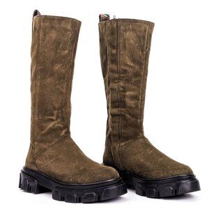 Farm Rio Women Long Olive Green Fabric Knee High Retro Boots sz 6.5